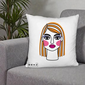 Perna Decorativa Portret Pop Art Fata, 40x40 cm, Alb Pufos, Husa Detasabila, Perna Inclusa, BEKZ®