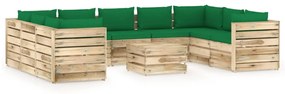 Set mobilier de gradina cu perne, 10 piese, lemn verde tratat green and brown, 10