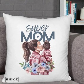 Cadou pentru Mama - Perna Personalizata Super Mom Mama cu Bebelusul, 40x40 cm, Alb Pufos, Husa Detasabila, Perna Inclusa, BEKZ®