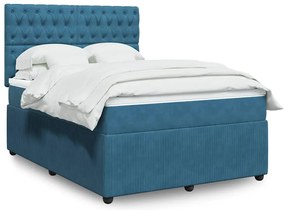 vidaXL Pat box spring cu saltea, albastru, 140x190 cm, catifea