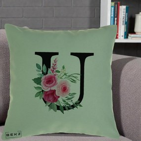 Cadou Personalizat - Perna Personalizata Monograma Florala Litera U, 40x40 cm, Verde, Husa Detasabila, Perna Inclusa, BEKZ®
