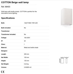 Aplica de perete ambientala design modern COTTON bej