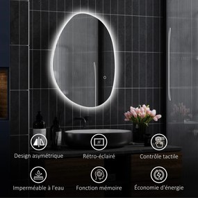 HOMCOM Oglindă de Baie Asimetrică LED 70 x 50 cm - 3 culori, anti-abur, montare murală cu comutator tactil | Aosom Romania