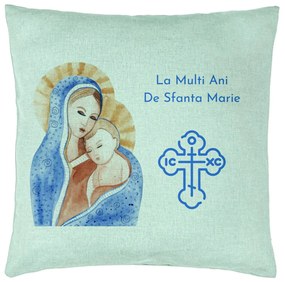 Perna Decorativa, Model La multi ani de Sfanta Maria, 40x40 cm, Verde Menta, Husa Detasabila, Burduf