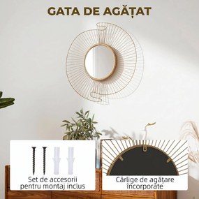 HOMCOM Oglindă Decorativă de Perete Rotundă, Design Modern cu Benzi Metalice și Ramă Plisată, Pentru Sufragerie, Dormitor și Hol, 60x60 cm, Auriu | Aosom Romania