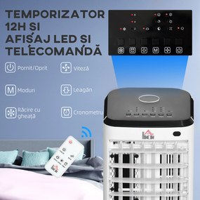 HOMCOM Răcitor Evaporativ 3-în-1, Ventilator, Umidificator cu Gheață și Dezumidificator, 3 Viteze, 3 Moduri și Telecomandă, Timer 12 Ore, 65W din ABS, 24.5x27x60 cm, Alb | Aosom Romania