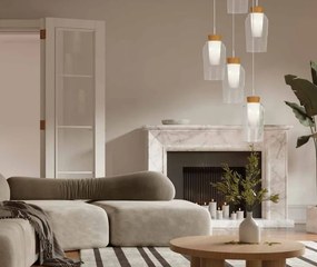 Lustra cu 5 pendule design modern Nora alb/ lemn