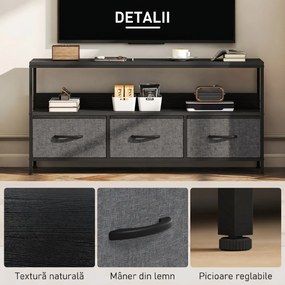 HOMCOM Suport TV Mobil, Până La 55", cu 3 Sertare Textil Pliabile, Raft, 120x29x56 cm, Negru | Aosom Romania