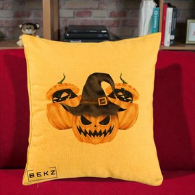 Perna Decorativa Trio Dovleci Jack-o-Lantern cu Palarie Vrajitoare, 40x40 cm, Galben, Husa Detasabila, Perna Inclusa, BEKZ®