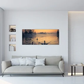 Tablou cu lebăde pe apă în ceață (120x50 cm), în 40 de alte dimensiuni noi