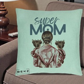 Cadou pentru Mama - Perna Personalizata Super Mom of Girls Mama cu Gemene, 40x40 cm, Verde Menta, Husa Detasabila, Perna Inclusa, BEKZ®