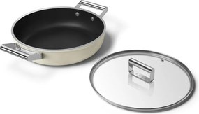 Oală joasă cu capac Smeg DPF2812CRM, 28 cm, 4,3 l, acoperire ceramică antiaderentă, potrivită pentru cuptor până la 250 °C, fără PFAS, compatibilă cu plitele cu inducție, culoare crem