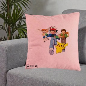 Perna Personalizata Pokemon Ash Misty Brock si Pikachu, 40x40 cm, Roz, Husa Detasabila, Perna Inclusa, BEKZ®