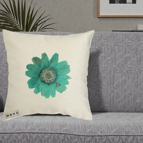 Perna Decorativa Floare Gerbera Teal Acuarela, 40x40 cm, Ecru, Husa Detasabila, Perna Inclusa, BEKZ®