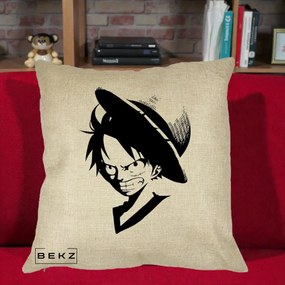 Perna Personalizata One Piece Luffy Silueta Alb-Negru, 40x40 cm, Crem, Husa Detasabila, Perna Inclusa, BEKZ®