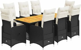 vidaXL Set bistro de grădină, 9 piese, cu perne, negru, poliratan