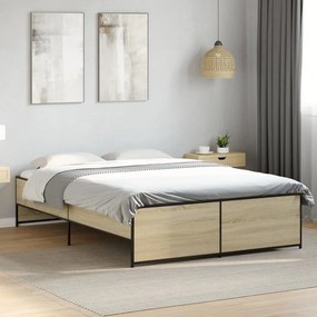 vidaXL Cadru de pat, stejar sonoma, 120x200cm, lemn prelucrat și metal