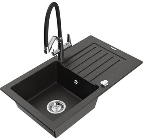 Mexen Pablo chiuvetă granit 1-cameră cu scurgător și baterie Duo, negru/auriu metalic - 6510-75-671701-07