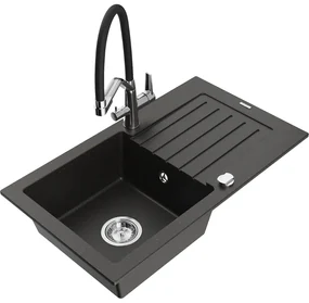 Mexen Pablo chiuvetă granit 1-cameră cu scurgător și baterie Duo, negru/auriu metalic - 6510-75-671701-07