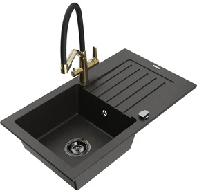 Mexen Pablo chiuvetă granit 1-cameră cu scurgător și baterie bucătărie Duo, negru/auriu metalic - 6510-75-671701-57-B
