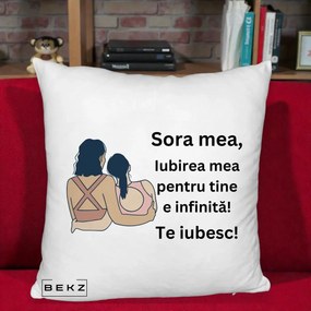 Cadou pentru Sora - Perna Personalizata Sora Mea Te Iubesc Doua Fete Fashioniste Line Art, 40x40 cm, Alb Pufos, Husa Detasabila, Perna Inclusa, BEKZ®