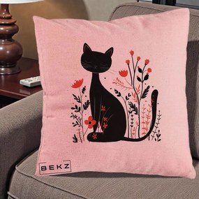 Perna Decorativa Pisica Neagra Flori Rosii Folk Minimal, 40x40 cm, Roz, Husa Detasabila, Perna Inclusa, BEKZ®