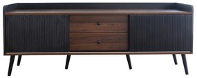 Comodă TV cu 2 sertare, uși glisante cu dungi și picioare stabile din lemn, 160x40x58 cm, Negru