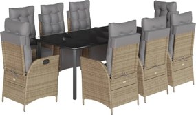 vidaXL Set de masă pentru grădină, 9 piese, cu perne, bej, poliratan