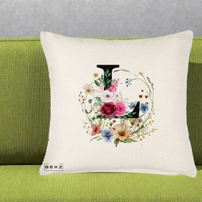 Cadou Personalizat - Perna Personalizata Monogram Litera L cu Flori Acuarela, 40x40 cm, Crem Reliefat, Husa Detasabila, Perna Inclusa, BEKZ®