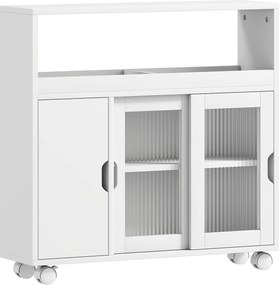 HOMCOM Dulap de Baie cu Roți, Raft Reglabil, Ușă Glisantă din Sticlă Călită, Alb | Aosom Romania