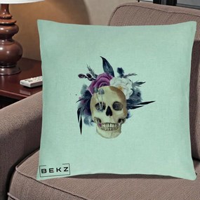 Perna Decorativa Craniu Floral cu Trandafiri si Ciuperci, 40x40 cm, Verde Menta, Husa Detasabila, Perna Inclusa, BEKZ®