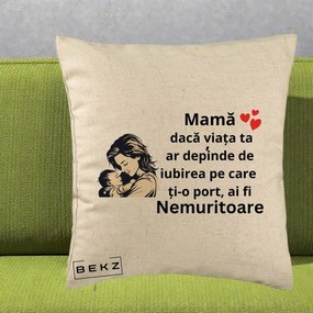 Cadou pentru Mama - Perna Personalizata Mama Nemuritoare Aproape de Bebe, 40x40 cm, Bej, Husa Detasabila, Perna Inclusa, BEKZ®