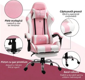 Vinsetto Scaun Gaming Ergonomic Reclinabil cu Tetieră, Pernă Lombară, Înălțime Reglabilă, Roz și Alb | Aosom Romania