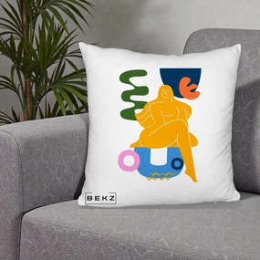 Perna Decorativa Femeie Relaxata Abstract, 40x40 cm, Alb Pufos, Husa Detasabila, Perna Inclusa, BEKZ®