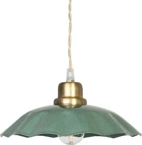Lampă suspendată verde salvie din metal, margine ondulată, detalii aurii și cablu textil natur răsucit, finisaj antichizat, 12 x 23 cm, „Diana”