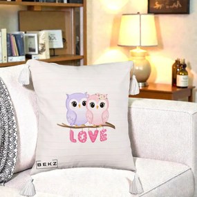Perna Decorativa Love Bufnite Indragostite pe Crenguta Roz si Mov, 40x40 cm, Bej cu Franjuri, Husa Detasabila, Perna Inclusa, BEKZ®