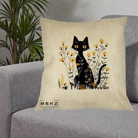 Perna Decorativa Pisica Neagra Ochi Galbeni Flori Galbene, 40x40 cm, Crem, Husa Detasabila, Perna Inclusa, BEKZ®