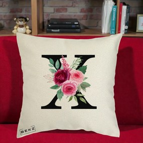 Cadou Personalizat - Perna Personalizata Monograma Florala Litera X cu Buchet, 40x40 cm, Ecru, Husa Detasabila, Perna Inclusa, BEKZ®