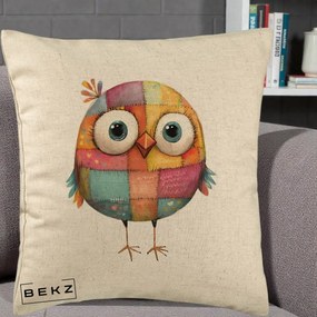 Perna Decorativa Pasare Patchwork Colorata, 40x40 cm, Bej, Husa Detasabila, Perna Inclusa, BEKZ®