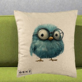 Perna Decorativa Pui Pufos Teal cu Ochelari, 40x40 cm, Bej, Husa Detasabila, Perna Inclusa, BEKZ®