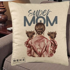 Cadou pentru Mama - Perna Personalizata Super Mom of Girls Mama cu Gemene, 40x40 cm, Bej, Husa Detasabila, Perna Inclusa, BEKZ®
