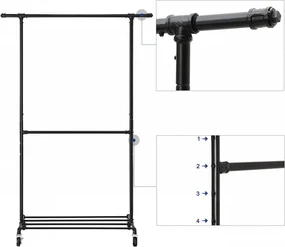 Suport haine, 130 x 49 x 198 cm, metal, negru, Songmics