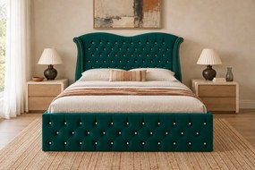 Pat tapițat Chesterfield Avella 180×200 cm, verde, cu ladă de depozitare