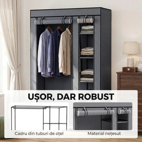 HOMCOM Dulap Textil pentru Economisirea Spațiului, cu Bară pentru Umerașe și 5 Polițe, 110 x 45 x 175 cm, pentru Dormitor, Gri | Aosom Romania