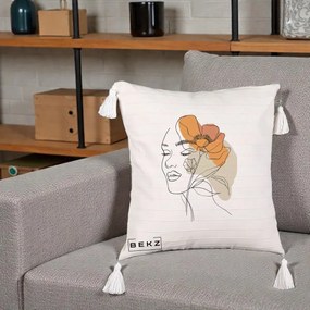 Perna Decorativa Portret Feminin Mac Mare Portocaliu, 40x40 cm, Bej cu Franjuri, Husa Detasabila, Perna Inclusa, BEKZ®