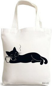 Sacosa de Panza pentru Cumparaturi, Geanta Tote, model Caffeine Cat 20 38 x 34.5 cm, Alba, BEKZ®