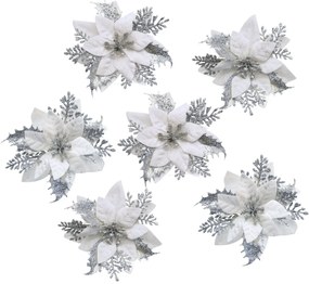 Decorațiuni de Crăciun Poinsettia cu cleșteargintiu, set de 6 bucăți