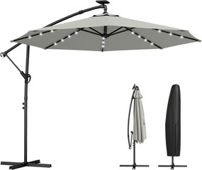 Outsunny Umbrelă cu braț lateral LED Solar aprox. Ø300 cm Rotativă Umbrelă de soare cu manivelă Suport Husă de protecție Gri deschis | Aosom Romania