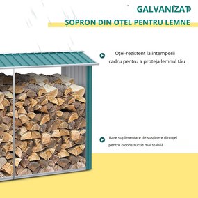 Outsunny Magazie de Depozitare a Buștenilor, Casă pentru Lemne de Foc din Otel Galvanizat cu Podea Înălțată, 240x86x160 cm, Verde | Aosom Romania