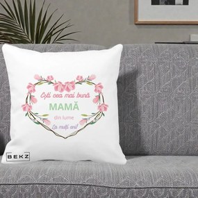 Cadou pentru Mama - Perna Personalizata Esti Cea mai Buna Mama din Lume La Multi Ani cu Inima Florala, 40x40 cm, Alba Mata, Husa Detasabila, Perna Inclusa, BEKZ®